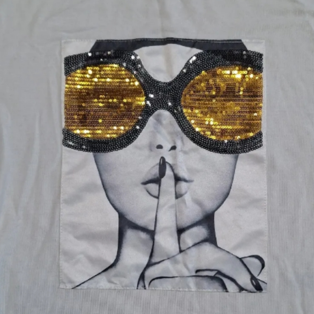 PESION Womens Short Sleeve T-Shirt Sequined Top O-Neck Funny Graphic Tees Blouse
